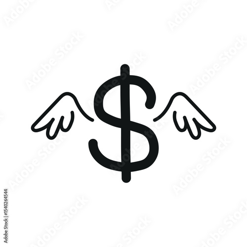 Handwritten black Dollar money with wings symbol. Currency illustration symbol vector design. USD. Spent, expenses, purchases, dwindling, transfer and devaluation.