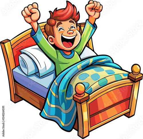 Joyful Morning: An illustrated depiction of a young boy, full of cheer and vitality, waking up in a cozy bed.