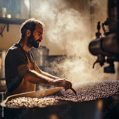 Business owner inhaling aroma of coffee in own manufacturing of roasted coffee beans