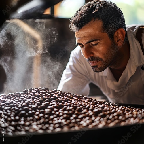 Business owner inhaling aroma of coffee in own manufacturing of roasted coffee beans