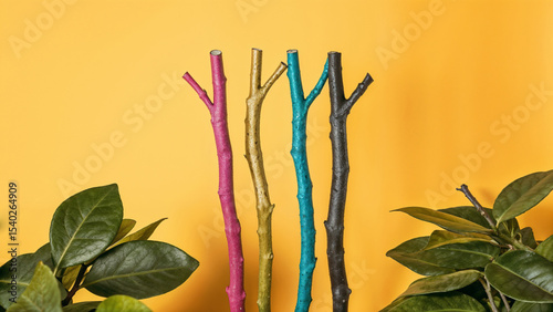 Modern and Artsy Painted Branches Against a Vibrant Yellow Background