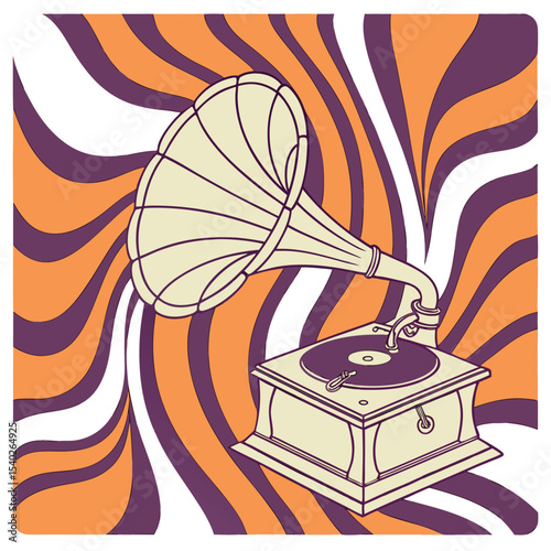 Vintage record player with psychedelic wave design vector