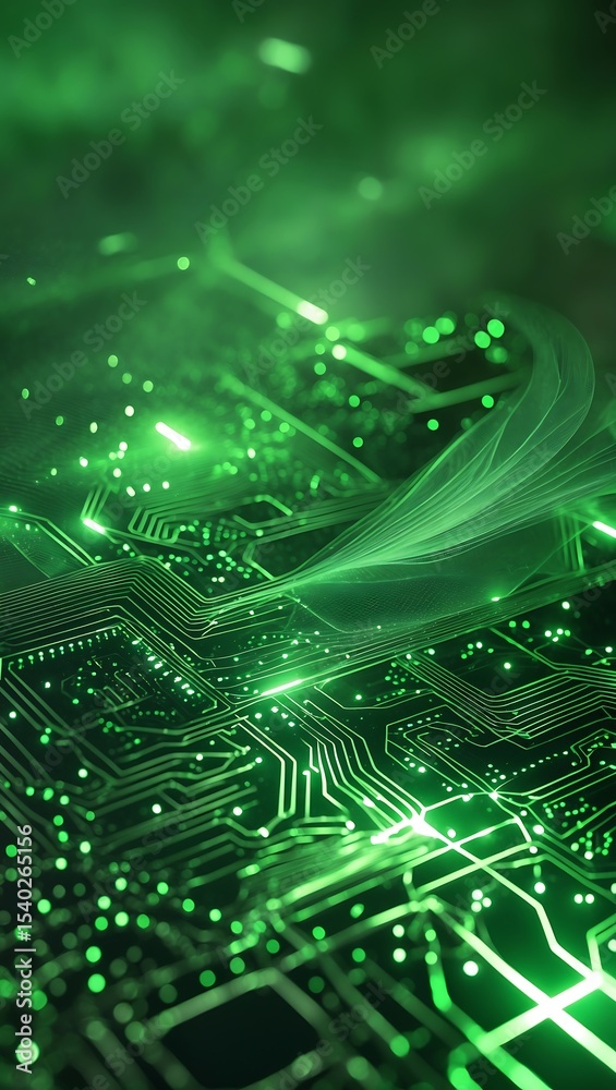 Fototapeta premium Glowing green circuit board with data streams, showcasing intricate technological design and digital flow.