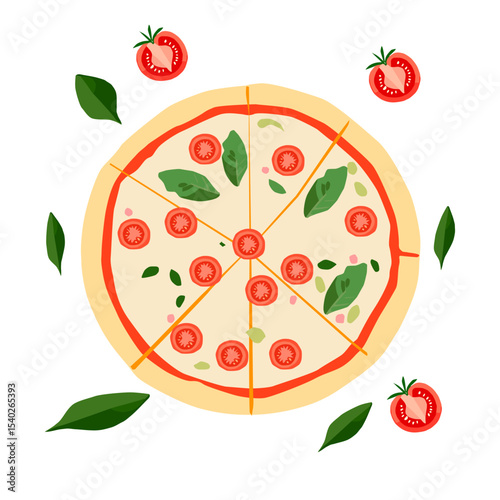 Pizza with tomato, mozzarella, and basil. Vector illustration.