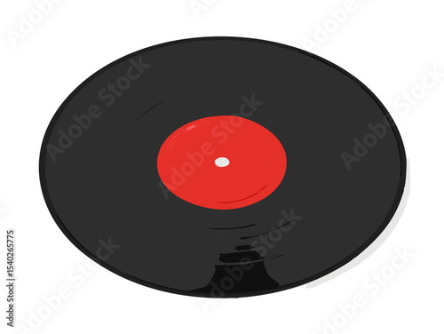 An old, isolated black vinyl record with a red label, perfect for evoking vintage music and retro sound