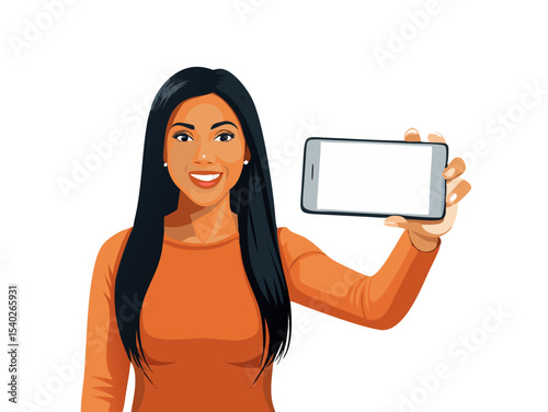 Smiling woman holding a mobile phone or tablet, a student or businesswoman showing technology