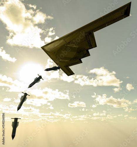B-2 Spirit, Stealth Bomber, heavy strategic bomber, stealth technology designed to penetrate dense anti-aircraft defenses and GBU-57 MOP (Massive Ordnance Penetrator) bunker buster bomb. 3d rendering