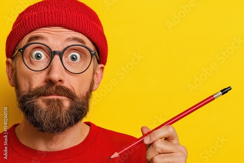 Close Up Portrait of a Surprised Man in Red Beanie and Shirt Holding a Pencil