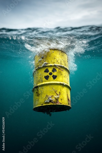 Toxic Waste Barrel: A studio shot toxic waste barrel sinking underwater