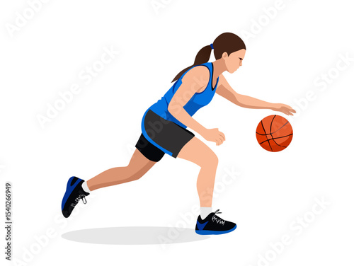 Active athletes play basketball, a dynamic sport involving a player with a ball, captured in a vibrant vector silhouette
