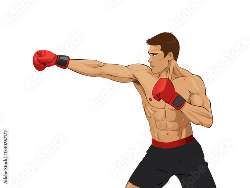 Young muscular boxer training with gloves, showcasing power and strength in the sport