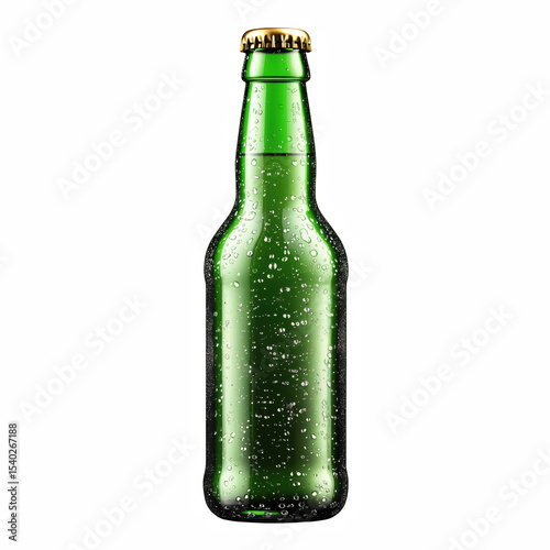 Green beer bottle with condensation and golden cap, isolated on white background.