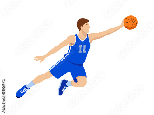Dynamic 3D cartoon illustration of a young basketball player in action, holding the ball mid-jump during a fun game