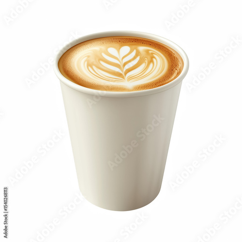 Latte with foam art in plain white paper cup, isolated on white background.