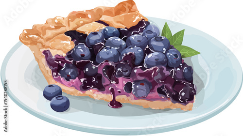 A digital illustration depicting a slice of blueberry pie on a light blue plate. The pie slice shows a golden-brown crust with a generous filling of blueberries and a glossy blueberry glaze. 