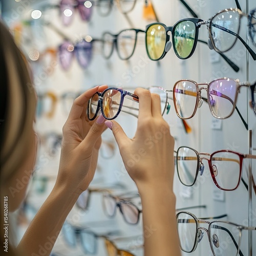 Hand of woman choosing the glasses in optics store, eyesight and vision concept