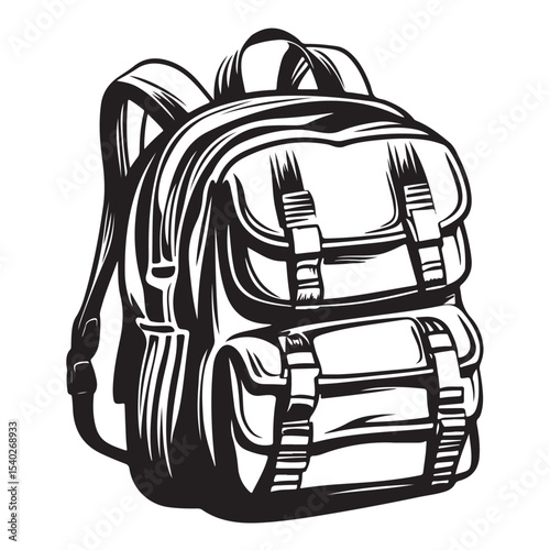 Silhouette of a classic backpack with buckles for school or travel, Back to school backpack, educational bag