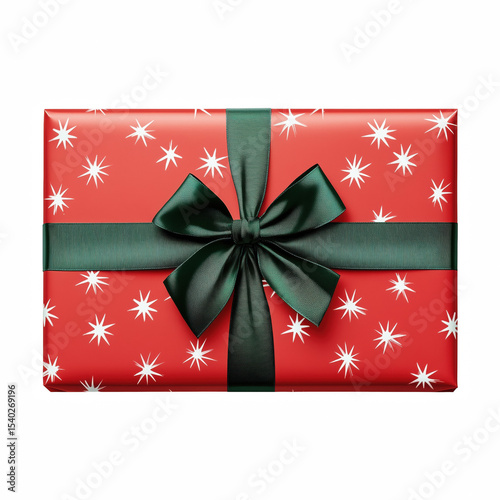 Red Christmas gift box with white stars and green satin ribbon bow, festive holiday present, isolated on transparent background.