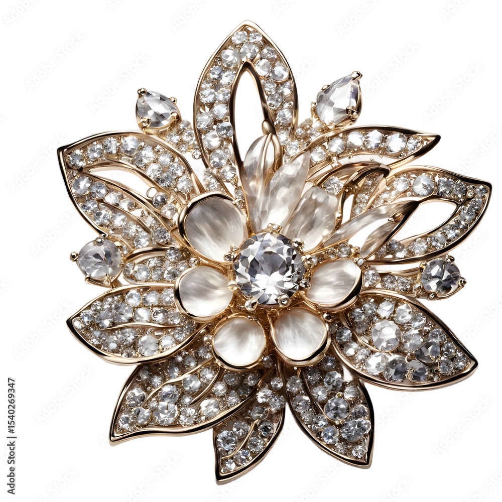 A decorative brooch with floral design and rhinestones, isolated on a empty plain background A decorative brooch with floral design and rhinestones, isolated on a empty plain background