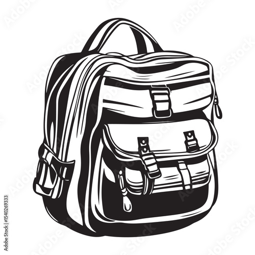 Silhouette of a classic backpack with buckles for school or travel, Back to school backpack, educational bag