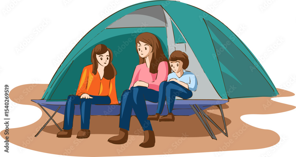 Fototapeta premium Family Camping: A tranquil family scene unfolds as a mother and her two children relax comfortably on a foldable camping bench. The family engages with each other under the shelter of a tent.