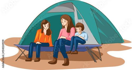 Family Camping: A tranquil family scene unfolds as a mother and her two children relax comfortably on a foldable camping bench. The family engages with each other under the shelter of a tent.