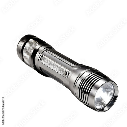 A hand-held flashlight (torch) with LED light, isolated on a empty plain background