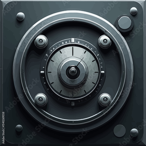 Close-up of a heavy-duty mechanical safe door with a combination lock and dial for security and protection