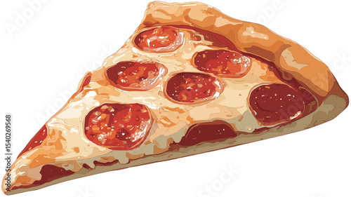 A digital illustration of a single slice of pepperoni pizza against a white background. The slice is depicted in detail, showing the melted cheese, pepperoni slices, and tomato sauce.  