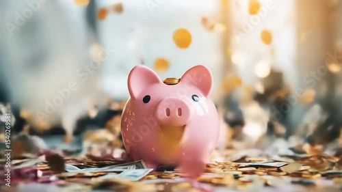 Happy piggy bank with money rain.