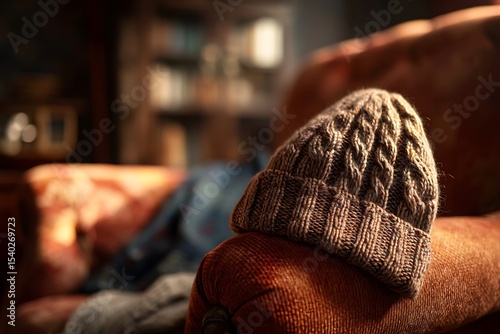 Knitted Cap on Cozy Sofa: A neatly folded knitted cap rests gently on the armrest of a cozy sofa, bathed in warm, inviting light.