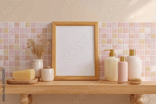 Poster mockup on empty wall in pink bathroom interior next to bathroom accessories