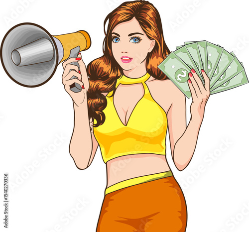 Financial Announcement: A charismatic woman, holding a megaphone in one hand and a stack of money in the other, makes a financial announcement, conveying a message of wealth and prosperity.