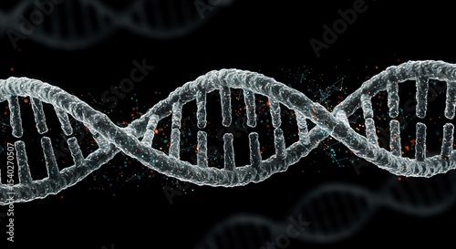An abstract DNA helix bridges the gap between science and technology, spiraling like a molecular river against a dark background