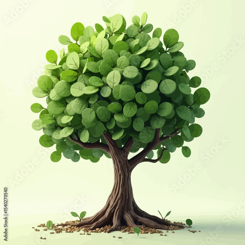 Stylized 3D Render of a Lush Green Tree with Thick Trunk and Round Leaves