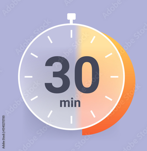 Thirty minutes clock icon in glass morphism style. 30 min vector illustration