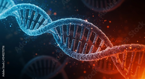 Abstract 3D render of a blue DNA helix, illustrating molecular biology and medical research under a luminous sky