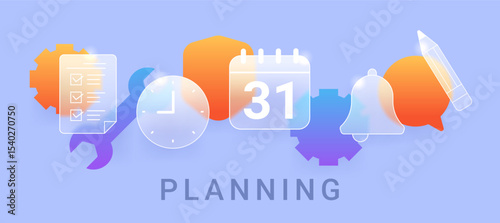 Business planning composition on blue background. Glass morphism vector banner