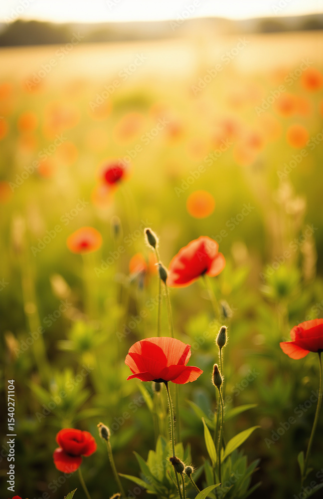 Obraz premium Red poppies in green field bathed in golden sunlight.