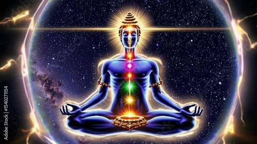 Cosmic yogi meditating in the vast universe, showcasing visible seven chakras while surrounded by twinkling stars and vibrant nebulae, radiating a bright golden halo of energy