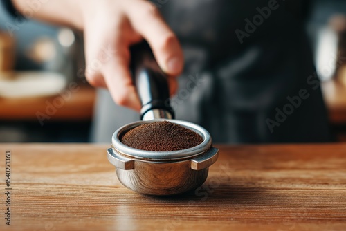 Barista preparing freshly ground coffee in a café environment during the morning rush