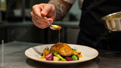 Saucing Prepared Dish in Professional Kitchen - Elegant Food Presentation