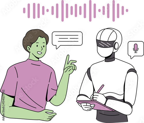 Dialogue of the Future: A vibrant illustration depicts a human and a robot in a conversation. The digital artwork conveys the essence of communication, collaboration and technological advancement.