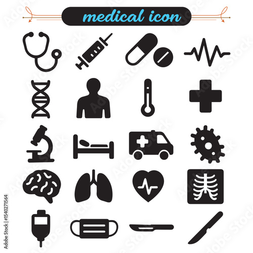 Medical equipment vector icon set of health and medicine symbols with black silhouettes