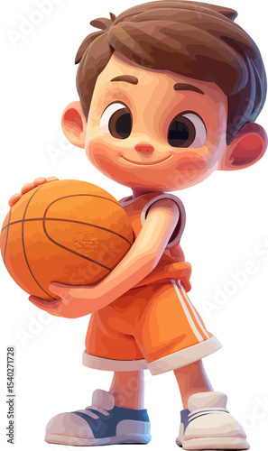 Cute Basketball Boy: A charming cartoon illustration of a smiling boy, dressed in an orange basketball uniform, proudly holding a basketball.