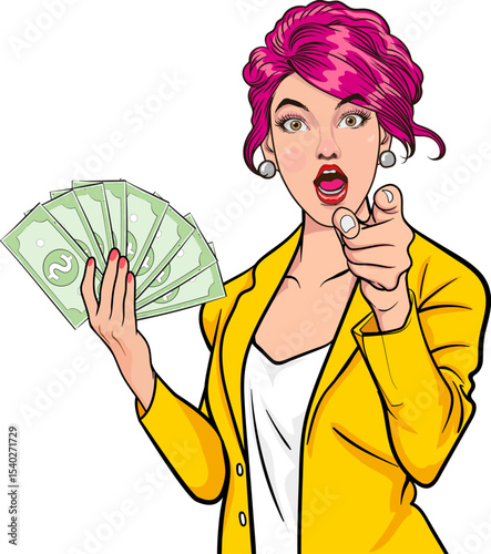 Surprised Woman with Money: A pop art style illustration of a surprised woman holding a fan of cash, pointing directly at the viewer. Her expression is one of shock and excitement.
