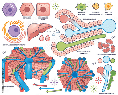 Liver cells are shown with key structures like hepatic lobule, bile canaliculi, and mitochondria, illustrating liver function. Outline style collection