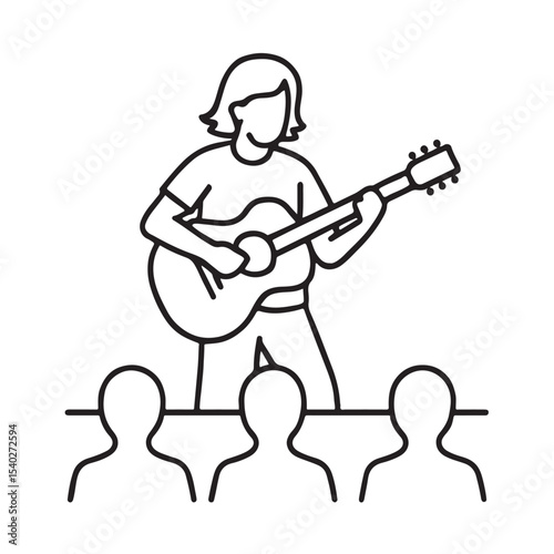 Live Music Performance Icon Guitarist Playing for Audience Line Art Illustration