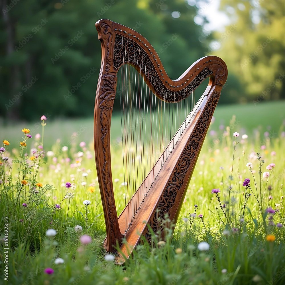 Obraz premium Still life of a Celtic harp adorned with intricate carvings, set in a lush green meadow during a sunny spring day, with wildflowers blooming around it.