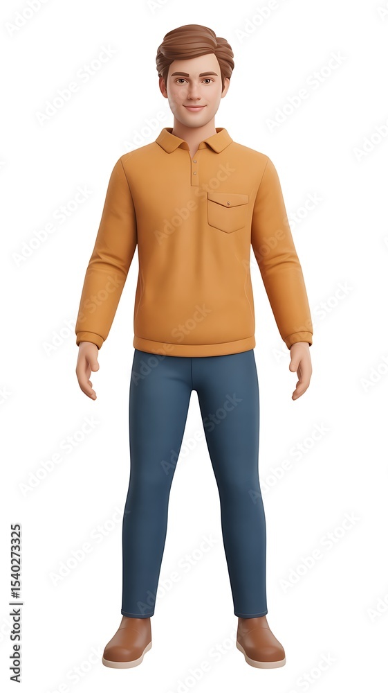 Fototapeta premium 3D Render: Casual Young Man, Brown Hair, Mustard Shirt, Blue Pants